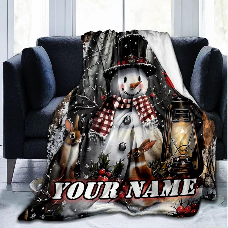 1PC Custom Name Winter Snowman Lantern Scene outdooor Flannel blankets Throw Blanket All-Season Throw Gift Bedspread for Couch, Bed, Camping Holiday B