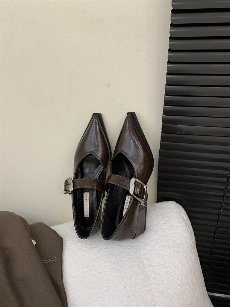 Остроносые туфли Мэри Джейн женские весенне-осенние новая модная обувь с ремешком и пряжкой, с открытым верхом, на толстом каблуке, из маленькой кожи