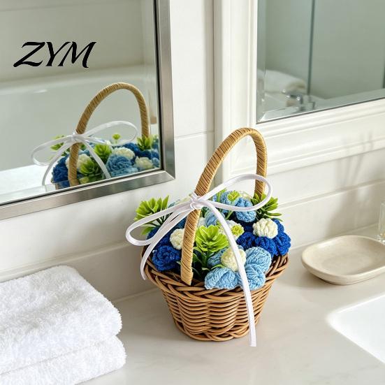 Artificial Flower Arrangement for Desk Hand Knitted Wool Basket, Decorative Mini Crocheted Floral with Simulation Art Home Ribbon, Plant Ornament