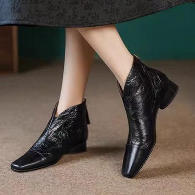 Мода 2024 Новая обувь для женщин Ботильоны Женские Ретро Современные Ботинки Женские Швы Квадратный Носок Задняя Молния Низкий Каблук Уличная Обувь Женская