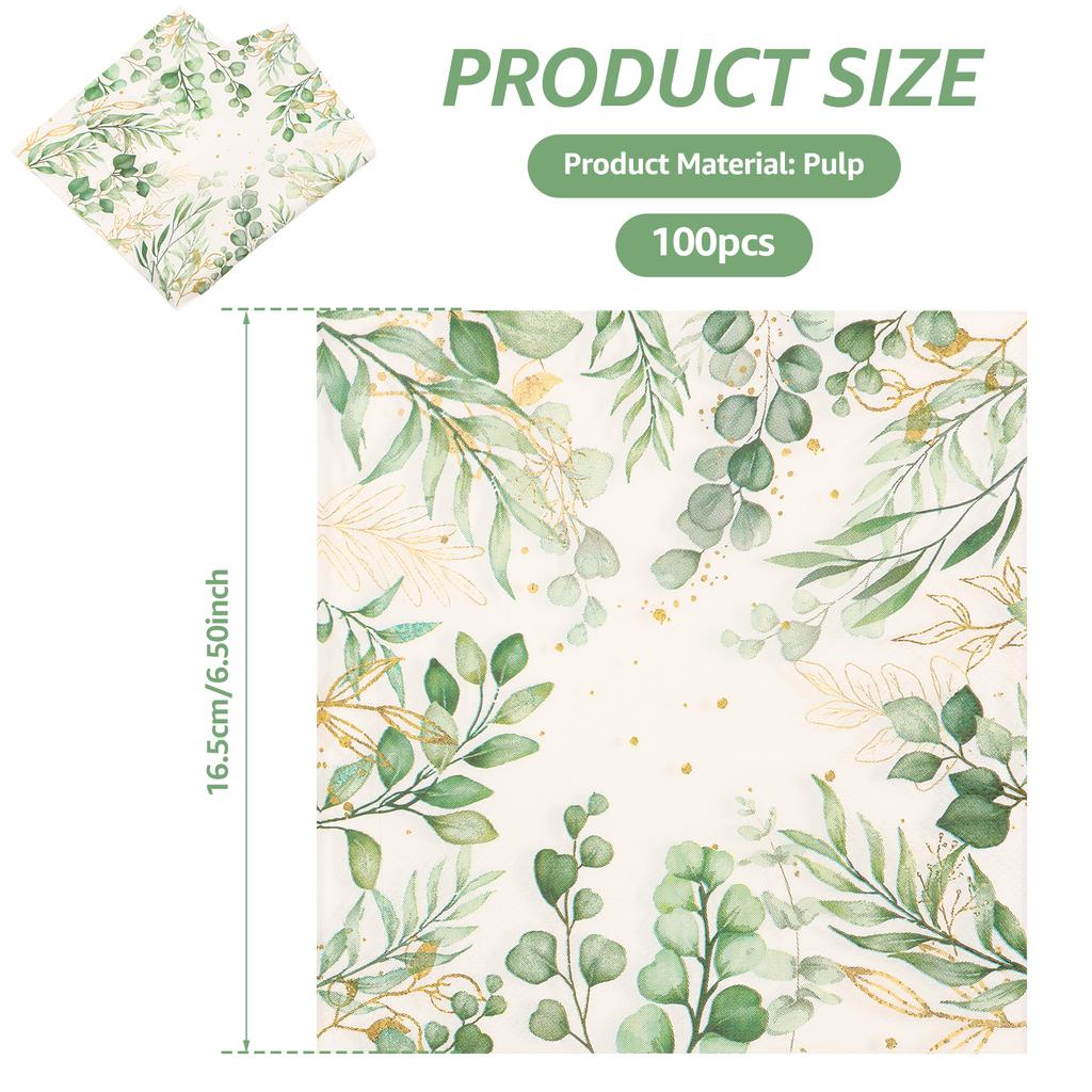 100Pcs Eucalyptus Leaf Printed Paper Napkins Wedding Banquet Party Guest Paper Towel Hotel Western Restaurant Table Decoration