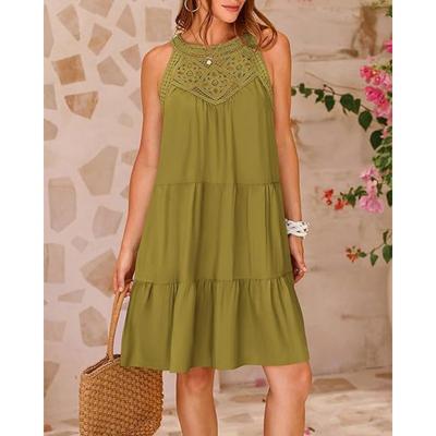 Летнее полое кружевное платье без рукавов Женская мода Свободное однотонное вечернее белое платье с рюшами Элегантное повседневные короткие платья трапециевидной формы больших размеров 770