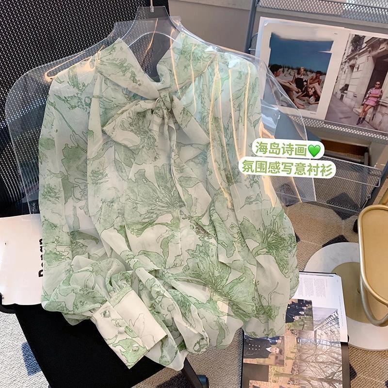 Блузка из шифона с зеленым принтом в французском стиле, с завязками, женская, новая, винтажная, с длинным рукавом, для ранней весны