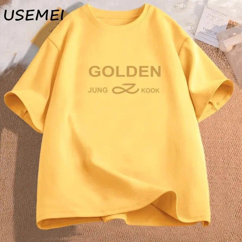 100% Хлопок Футболка Унисекс Женская Одежда Чонгук Золотой Корейская Мода Kpop Печатная Графическая Футболка Топ Летняя Одежда Унисекс