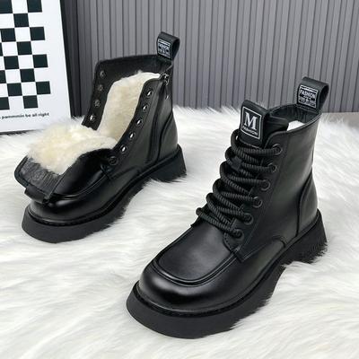 Женские ботинки из искусственной кожи, зимние ботинки с круглым носком и толстым каблуком, нескользящие теплые плюшевые ботинки для зимы для женщин