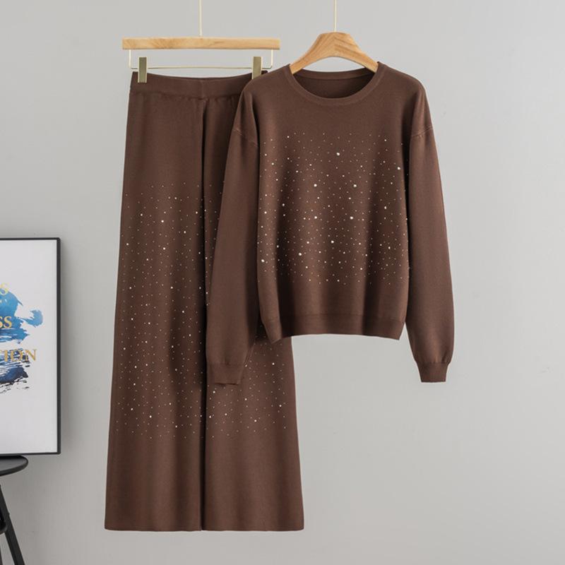 Autumn and Winter Gypsy Stars Hot Diamond Round Neck Pullover Long Sleeve Knitted Sweater Loose Knitting Two-piece Set Women