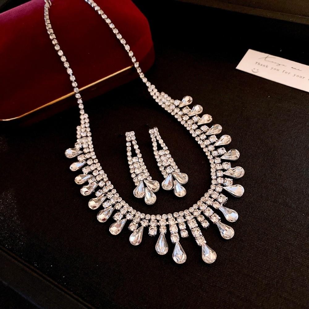 Water Drop Rhinestone Jewelry Set Inlaid Crystal Necklace Set Tassel Necklace Earrings Set Bridal