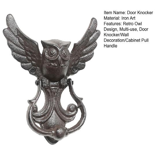 yangyizhi Vintage Cast Iron Owl Door Knocker, Wrought Hollow Carved Wall Decor, Thickened Rustproof Cabinet Pull Handle, Pre-Drilled Holes for Gate &
