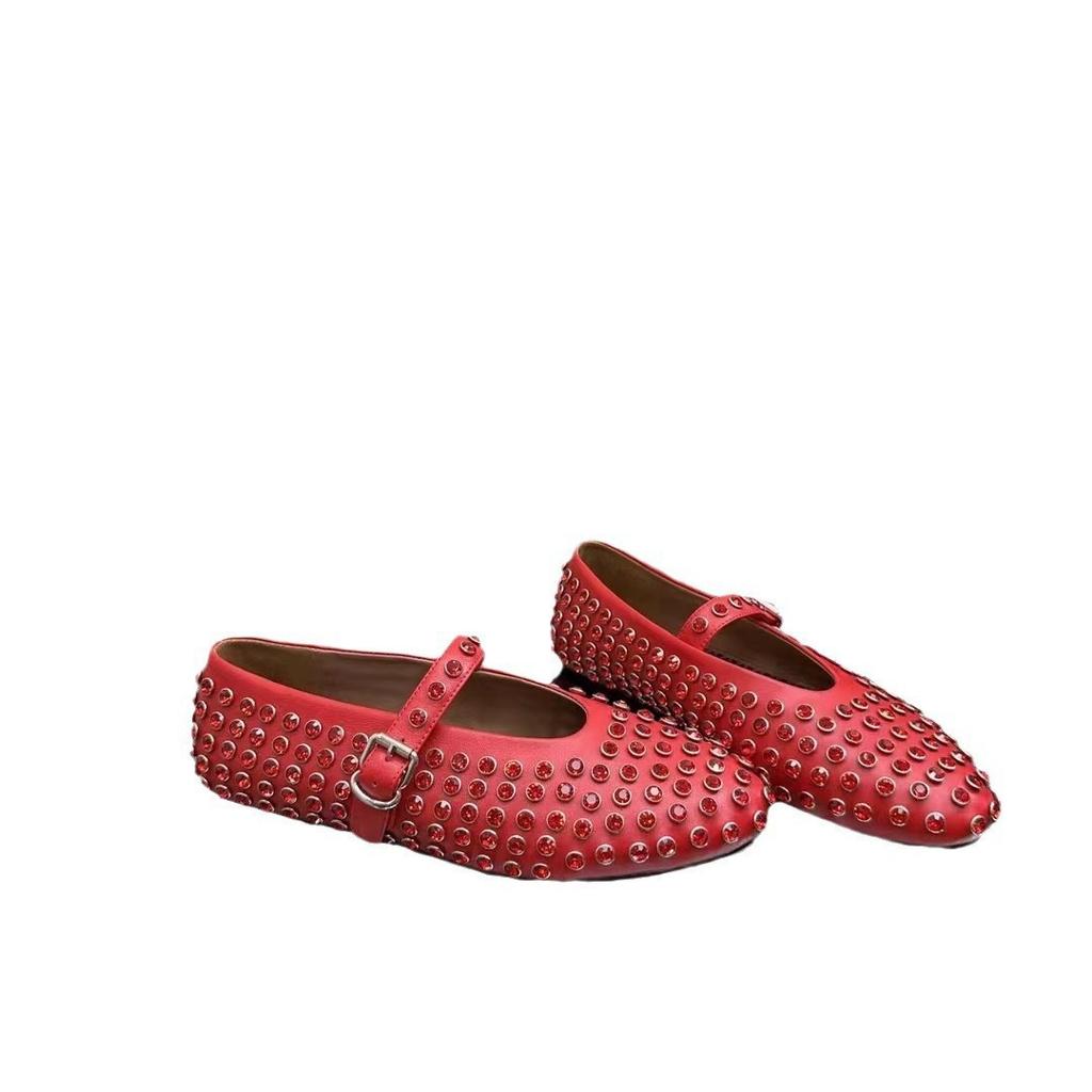 Premium Cowhide Version Rhinestone One-word Buckle Low-top Shallow Mouth Round Head Mary Jane Flat Single Shoes Ballet Women's Shoes