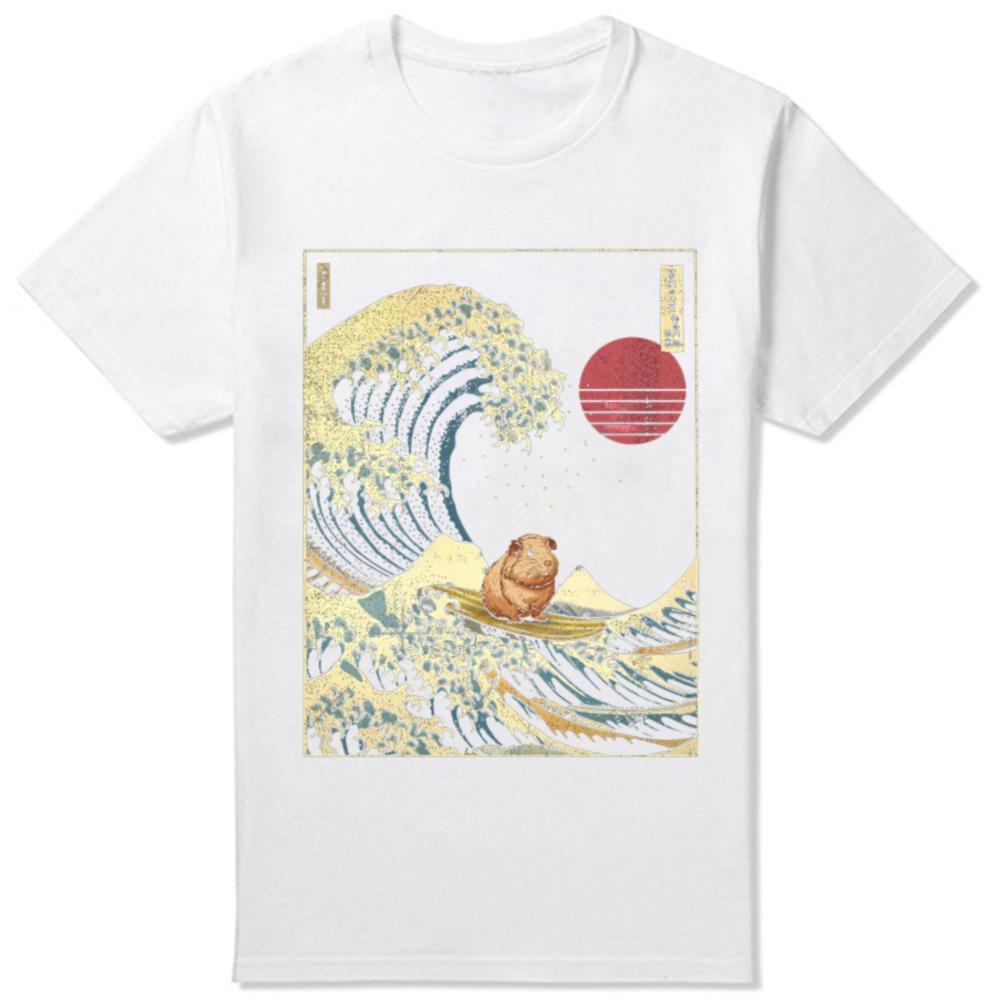 Funny Guinea Pig Kanagawa Japanese Surfing Wave T Shirts Cotton Humor Streetwear Tee Shirt Short Sleeve Unisex Loose Clothing