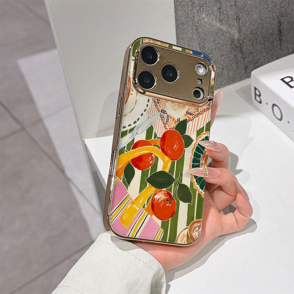 Чехол для телефона 'Счастливый старт' для iPhone 17 16 15 14 13 12 11 Pro Max 16E Золотой гальванизированный стеклянный корпус Чехол 'Цитрусовый пикник'
