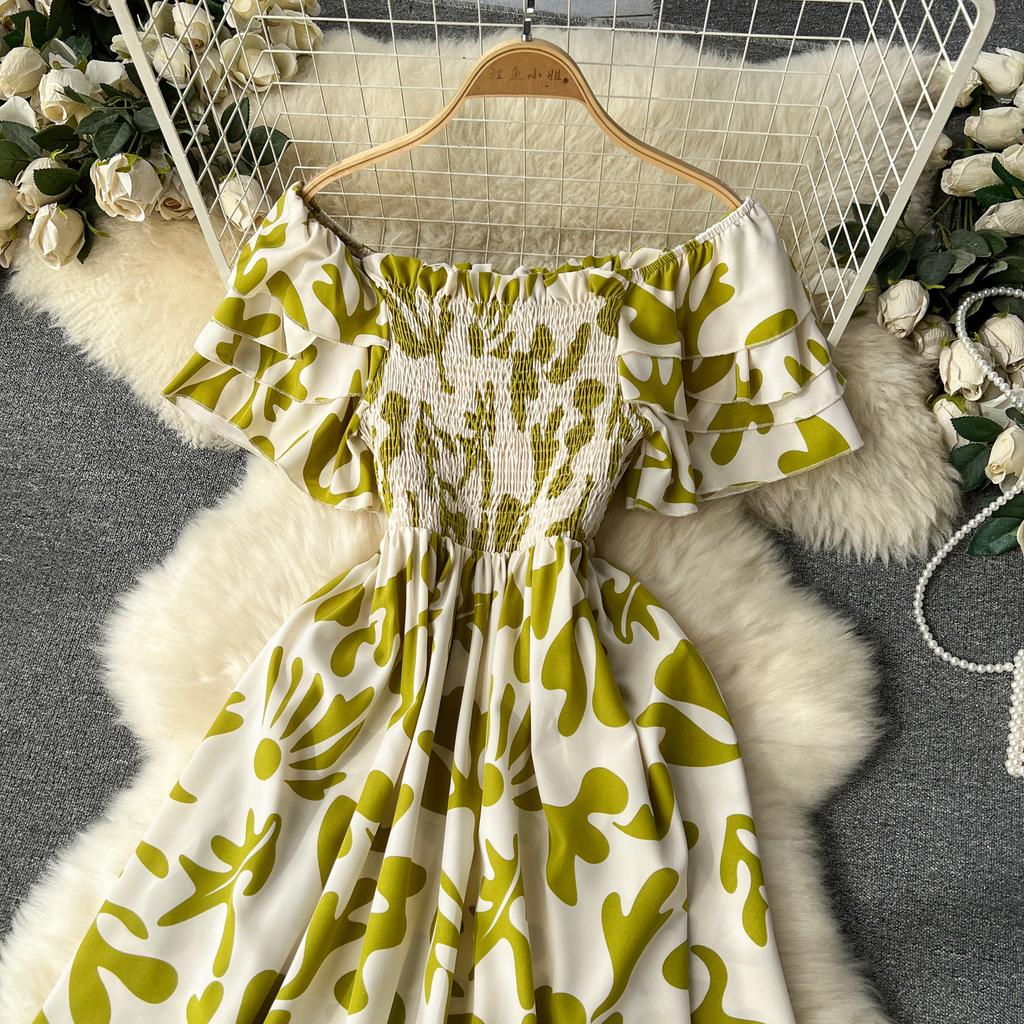 Женские летние каникулы с одним вырезом без бретелек с коротким рукавом и длинными цветочными платьями на талии