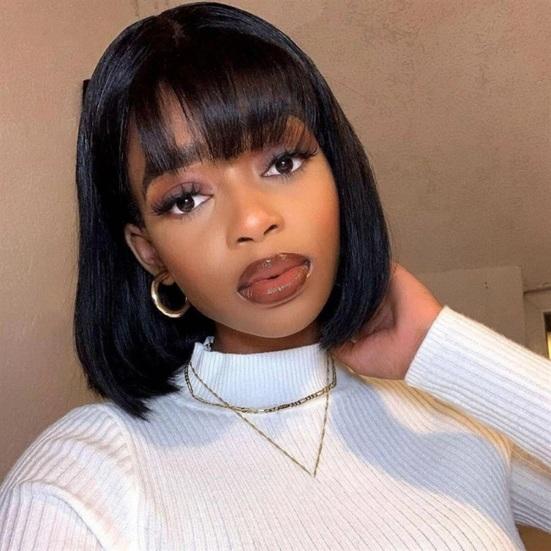 Women Short Straight Wig with Bangs Natural Silky Heat Resistant High Temperature Fiber Ladies Bobo Blonde Black Synthetic Hair
