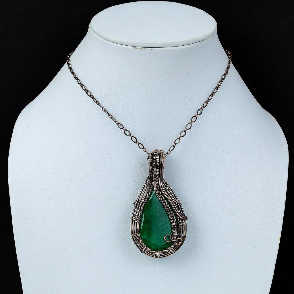 Lab-Created Emerald Gemstone Pure Copper Wire Wrapped Handmade Pendant Jewelry