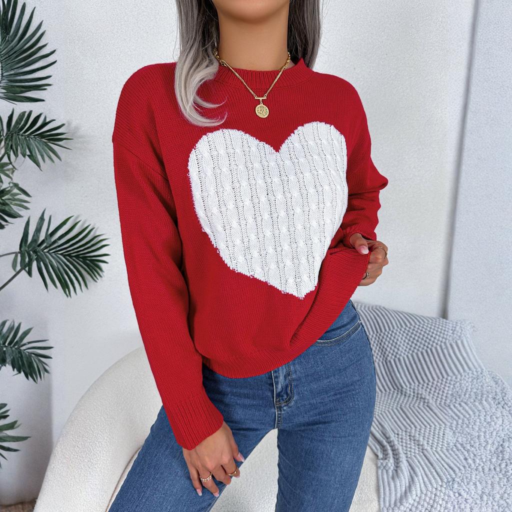 Women's Fashionable Round Neck Long Sleeved Heart-shaped Color Blocked Pullover Sweater Casual Top