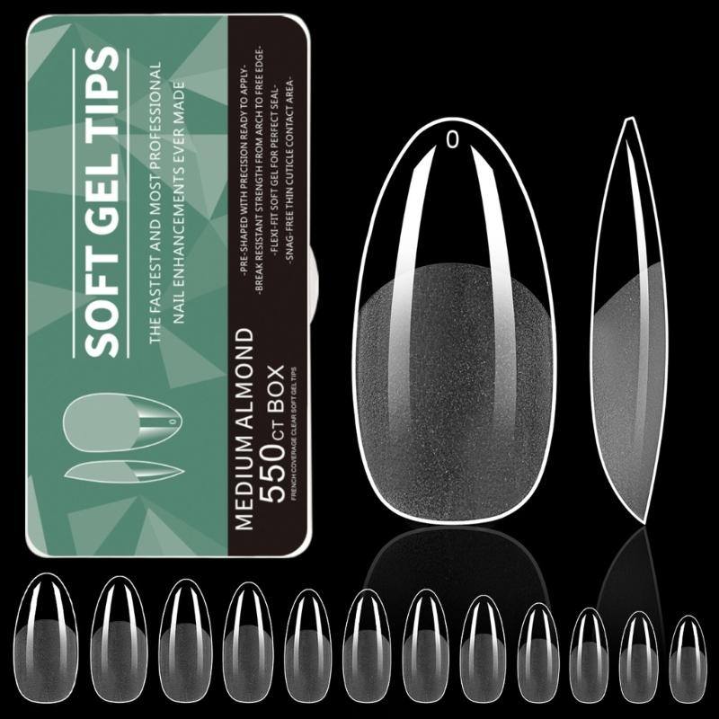 Средние миндалевидные гелевые типсы для ногтей 550 шт. Предварительно матированные прозрачные накладные ногти для профессионального и начинающего использования