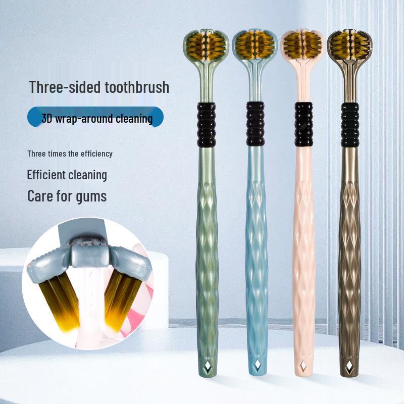 Трехсторонняя зубная щетка для взрослых с мягкой и жесткой щетиной и 3D скребком для языка