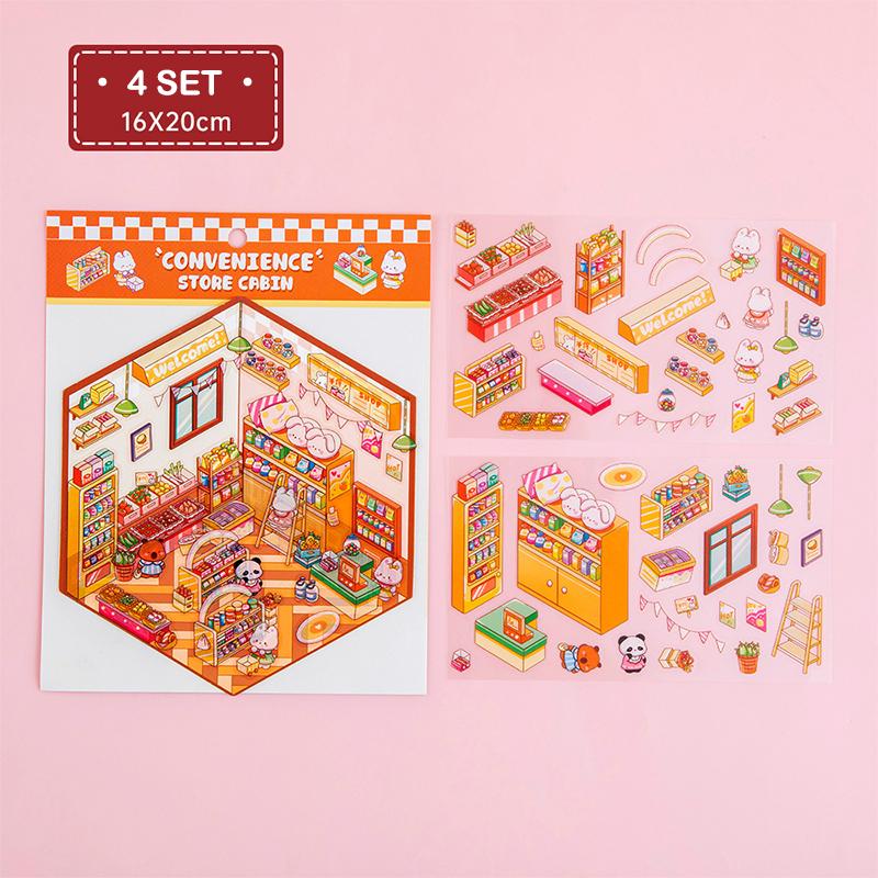 4 Набора Мультяшные Кавайные Миниатюрные Сцены Визуальные Наклейки для Складывания Миниатюрные 3D Наклейки со Сценами Пейзажей Наклейки для Рукоделия