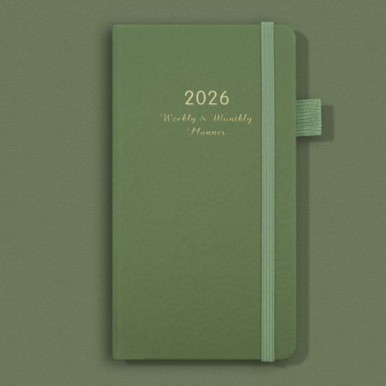 2026 Pocket Planner with Elastic Strap Pen Loop Ribbon Bookmark Weekly Monthly Academic Planner 12 Months Schedule Management Hardcover Notebook