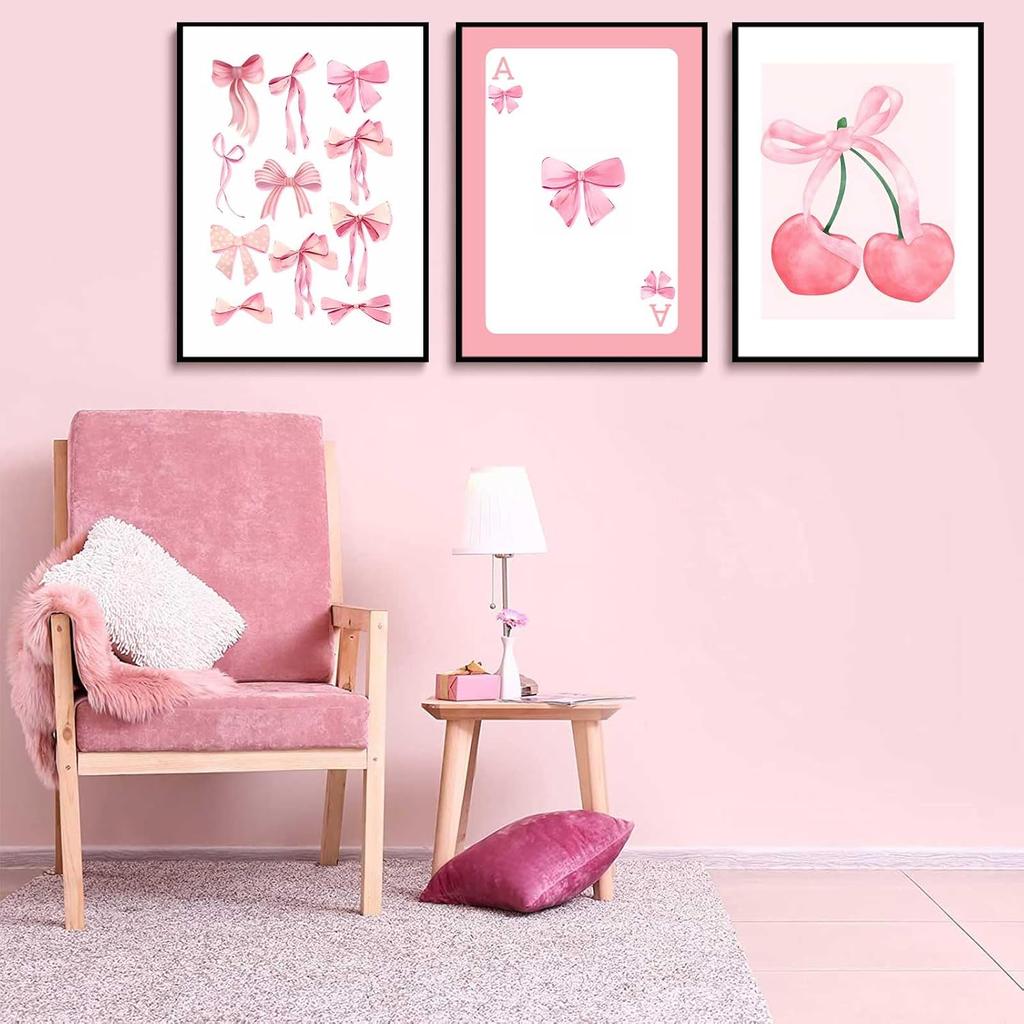 3Pcs Trendy Pink Bows Wall Art Preppy Watercolor Bows Canvas Posters Prints Girly Aesthetic Wall Decor Pictures for College Apartment Bedroom