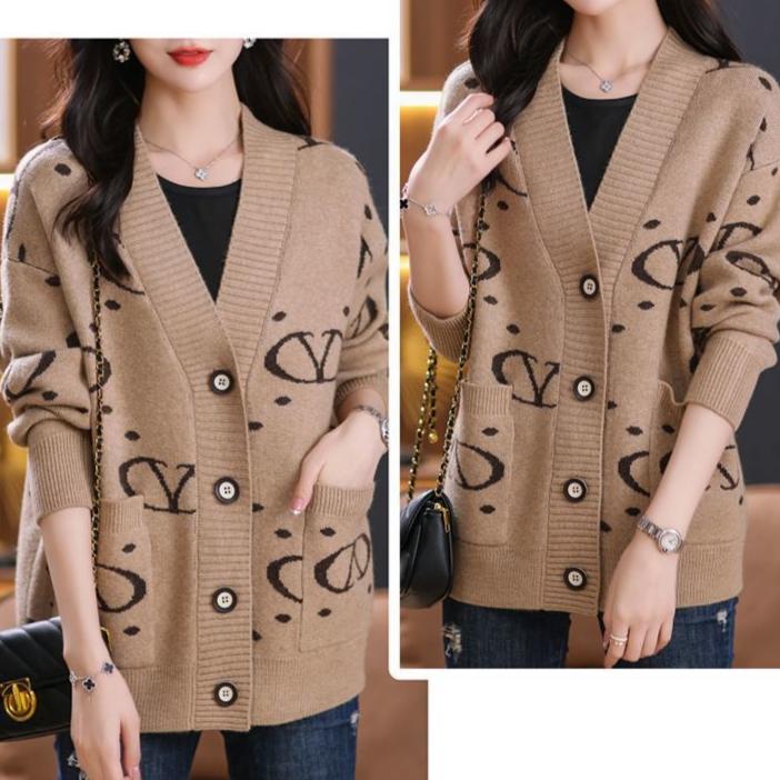 Women's Knitted Cardigan Sweater Autumn and Winter Thickened Plus Size Knitted Cardigan Loose Letter Print Knitted Jacket Outwear