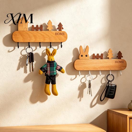 Pet Leash Holder for Wall Wooden Key with 5 Hooks, Cartoon House Theme Organizer, Multi Entryway Storage Purpose Hanging Rack Keys Leashes And