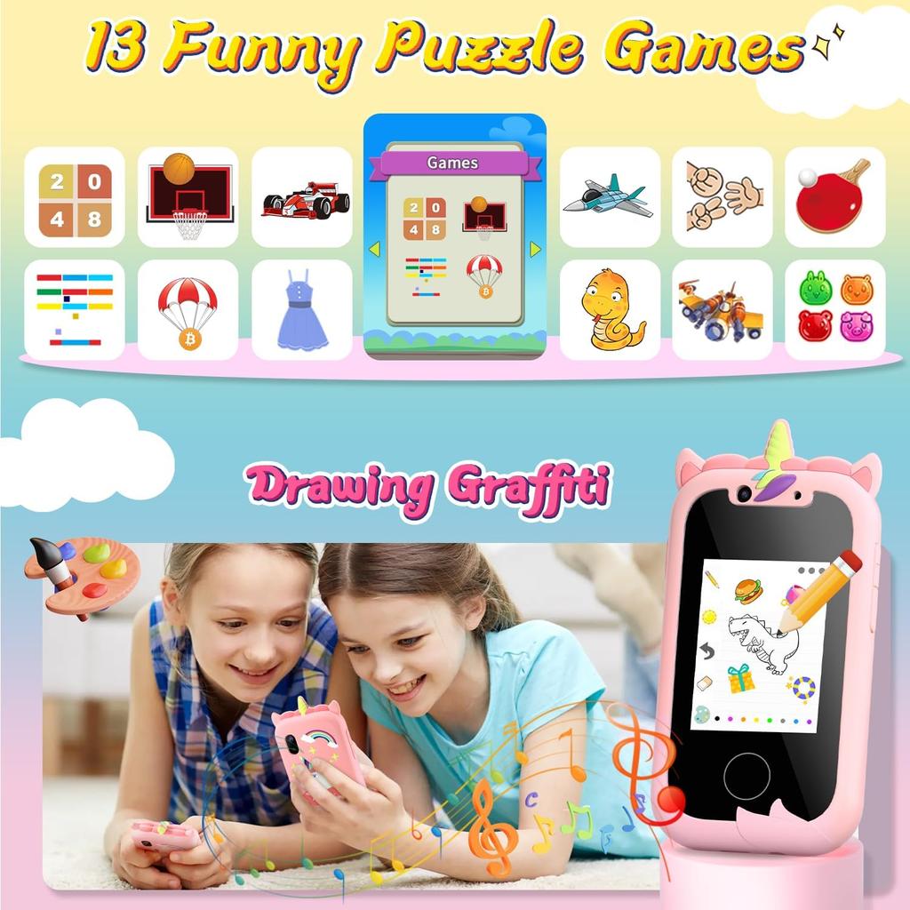 Детский телефон Развивающие игрушки Музыкальная игрушка Единорог Детский мобильный телефон Селфи-камера С силиконовым чехлом Игрушки для младенцев Подарки на день рождения