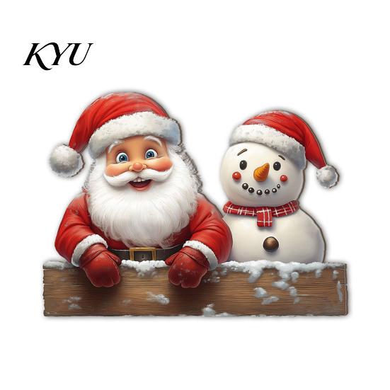 Winter Festive Garden Decor 2D Wooden Christmas Welcome Sign, Santa Reindeer Penguin Yard Ornament, Weather Resistant Decorations Cartoon Fence