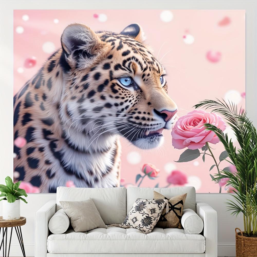 1pc Pink Leopard Party Backdrop Durable Polyester Stunning BlueEyed Leopard with Pink Roses Design Perfect for Winter Holid