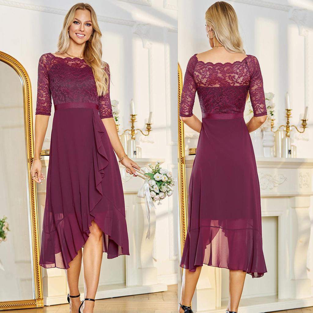 Женские платья с открытыми плечами, цветочный кружевной топ, шифоновая юбка, рукава 3/4, пояс, выпускной вечер, подружка невесты, свадебный гость, коктейльное платье, свободное платье
