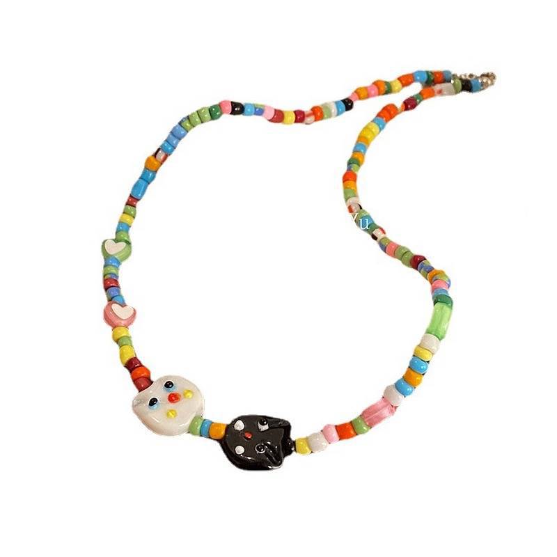 Cat~ Бисерное керамическое ожерелье в виде котенка, летняя женская ключичная цепочка, мультяшные аксессуары