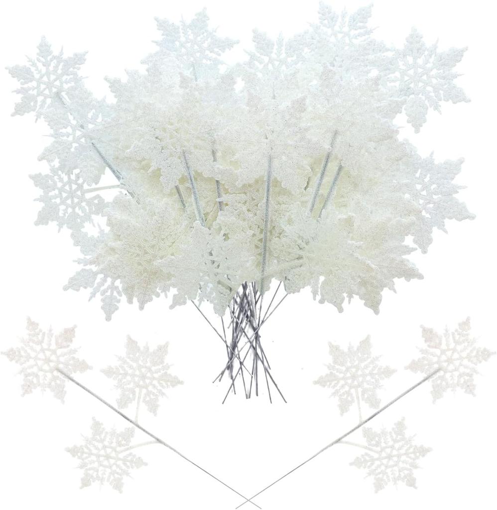 20 PCS Christmas Artificial Snowflake Picks & Sprays, Glitter Snowflake Decorations for Tree, Home, Party (White)