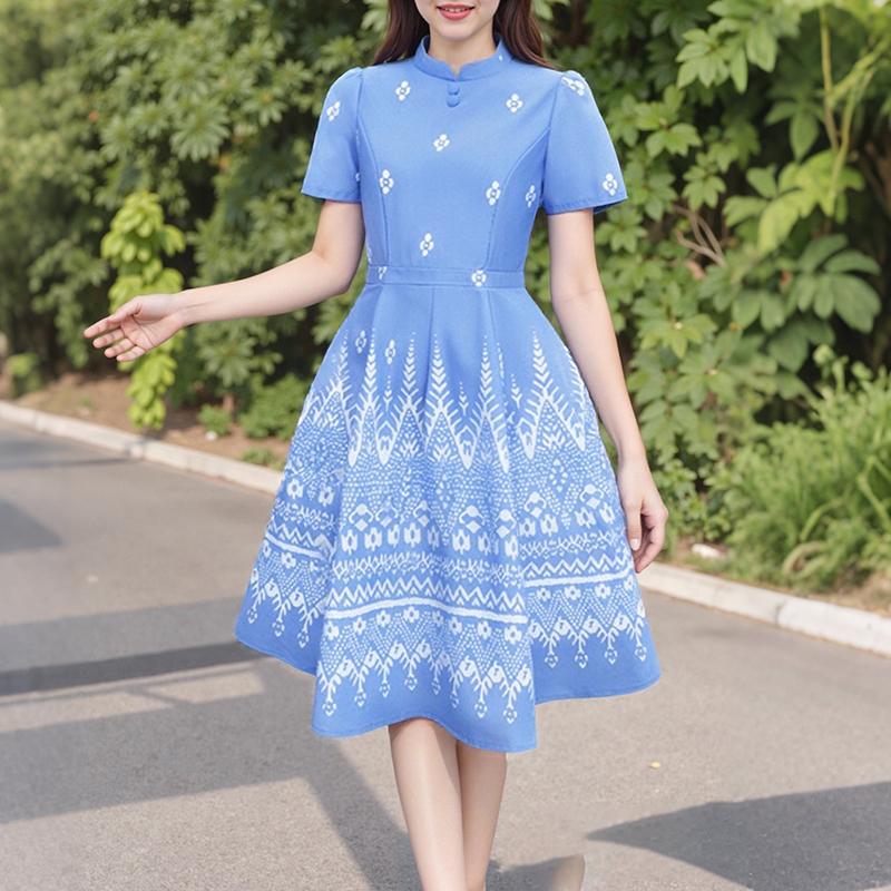 ZANZEA Women Summer Stand Collar Short Sleeve Casual Print Dress