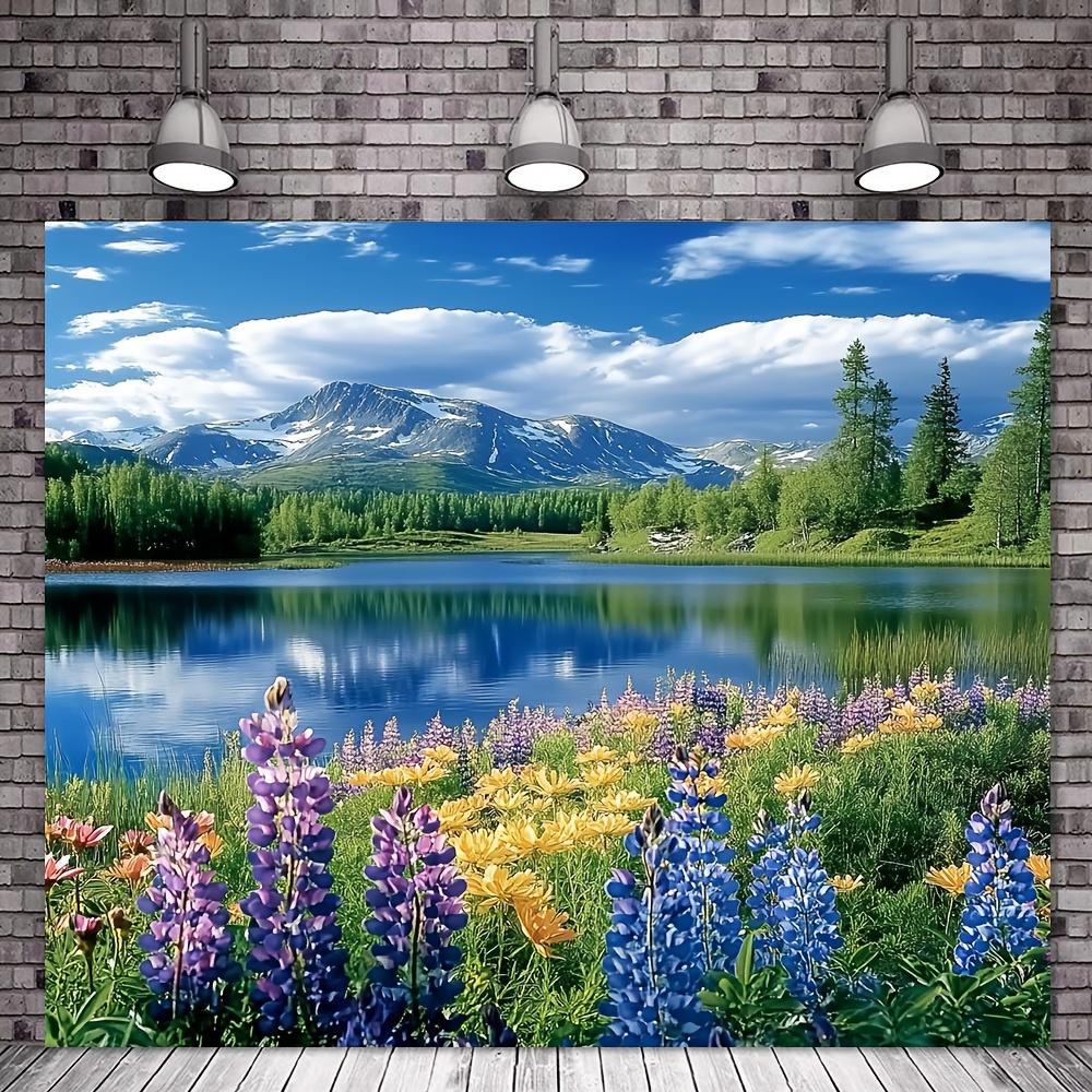 1 piece of vibrant spring forest and lake scenic area polyester fiber photo background - no electricity required