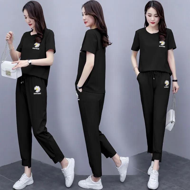 Женский летний удобный спортивный костюм, футболка с круглым вырезом и коротким рукавом + повседневные брюки, комплект из двух предметов