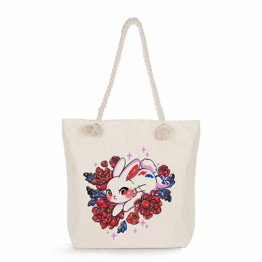 Creative Rabbit print thick rope single-shoulder beach bag 7247 CLE