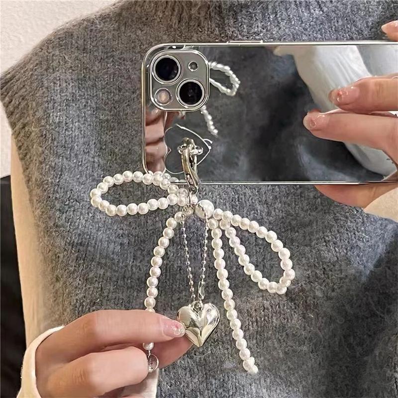 Ins Style Bowknot Pearl Beaded Key Chain Silver Love Phone Chain Headphone Case Pendant Ccd Lanyard Charms Bag Decor