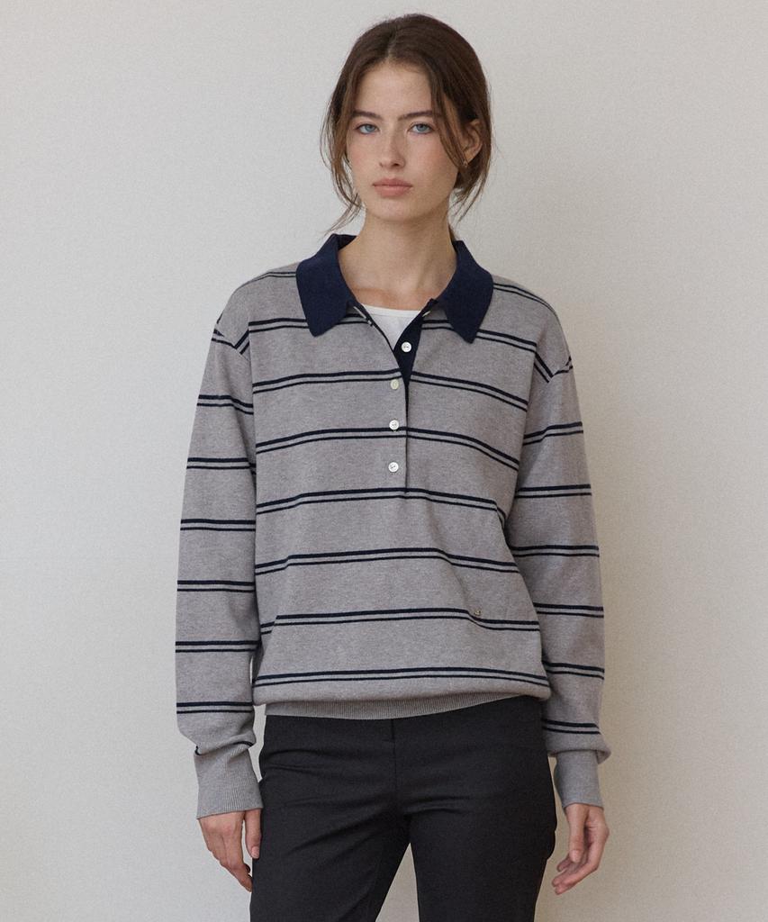 OURHOPE Double Stripe Button Collar Knit - Melange Grey
