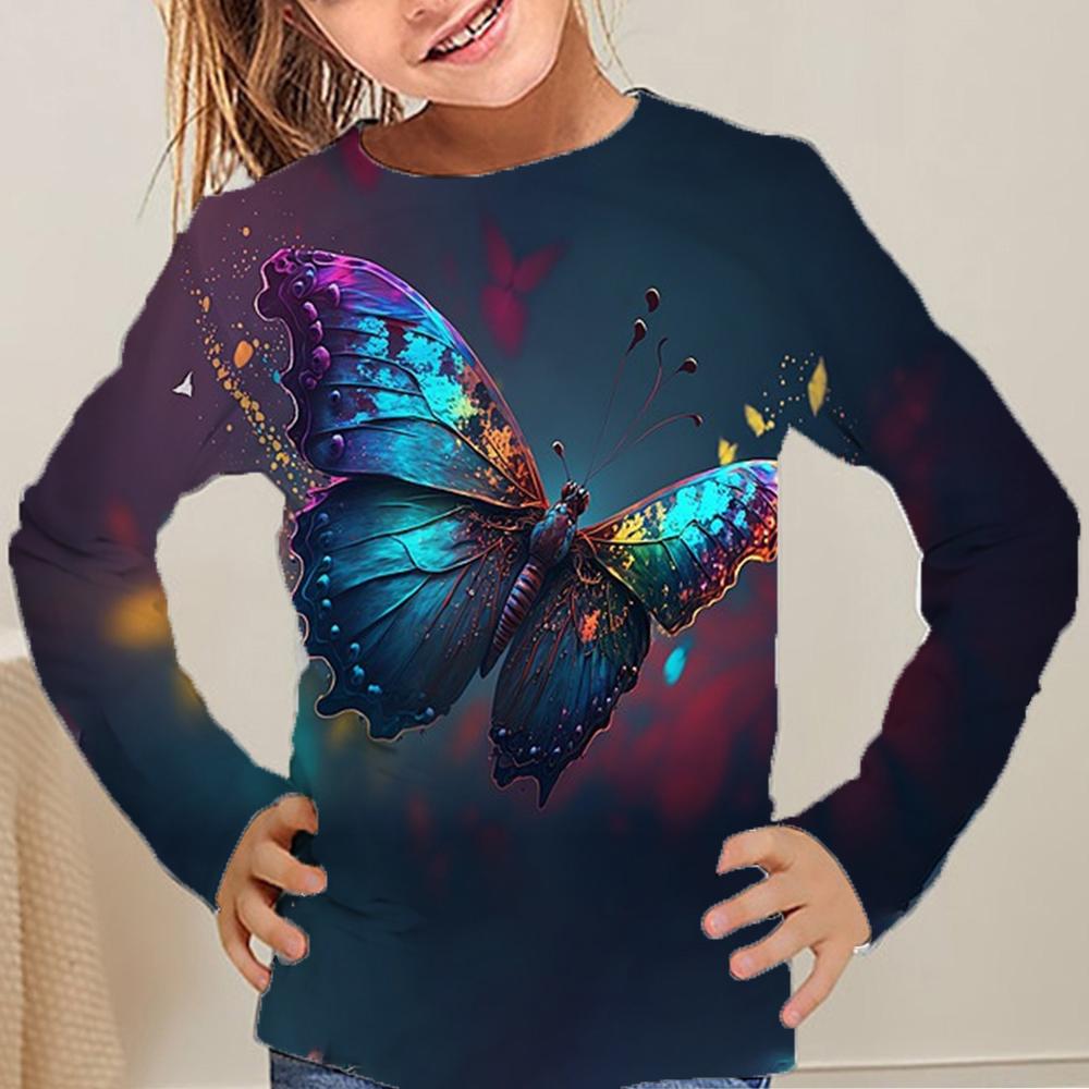 Spring and Autumn Round Neck Butterfly Pattern 3D Printed Top Fashionable Casual Long Sleeved Children's Girl T-shirts