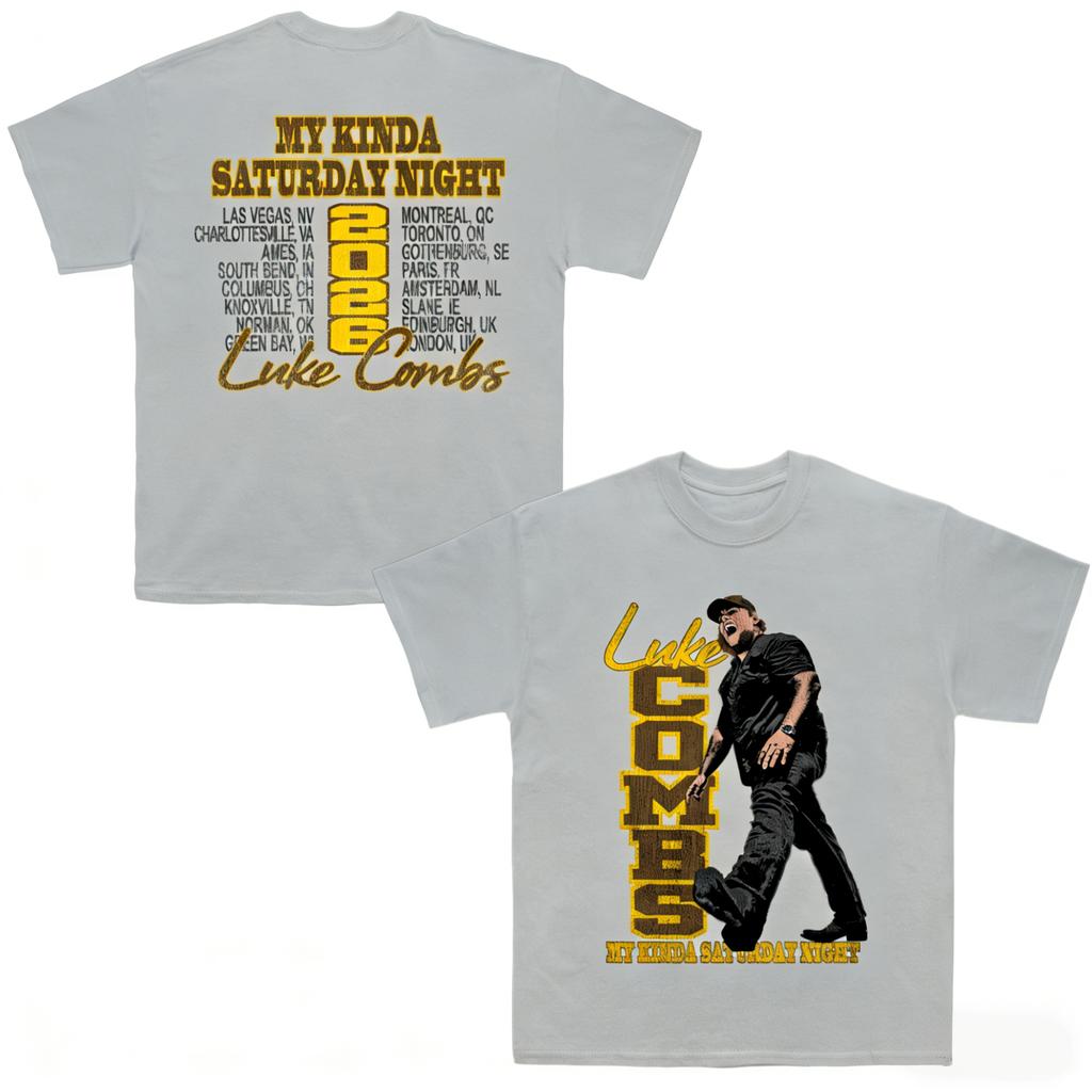 2026 Luke Combs ТУР My Kinda Saturday Night Унисекс Футболка 100% Хлопок Унисекс Круглый Вырез Короткий Рукав Подарок для Фанатов Оверсайз Y2k Популярный