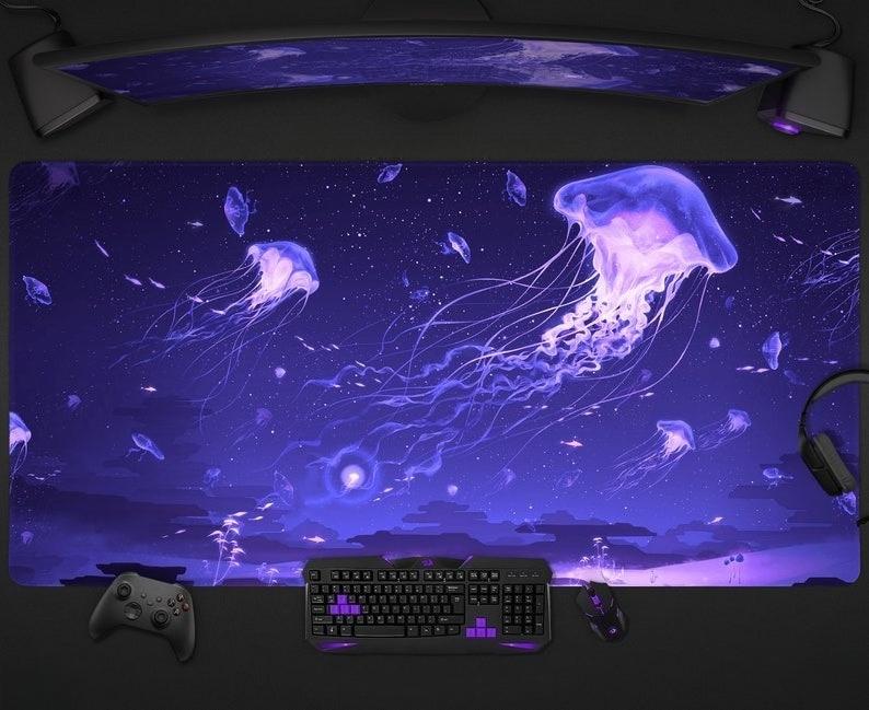 Jellyfish Desk Mat Anime Aesthetic Mouse Pad Space Ocean Purple XXL Large Gaming Deskmat Rgb Led Light Glow Big Long Mousepad