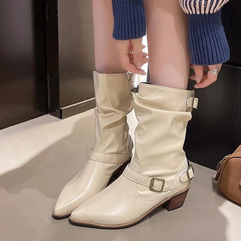 Fashion 2025 New Versatile Pointed Toe Single Boots Women Spring and Autumn New Retro Metal Buckle Soft Leather High Heel Mid-leg Boots