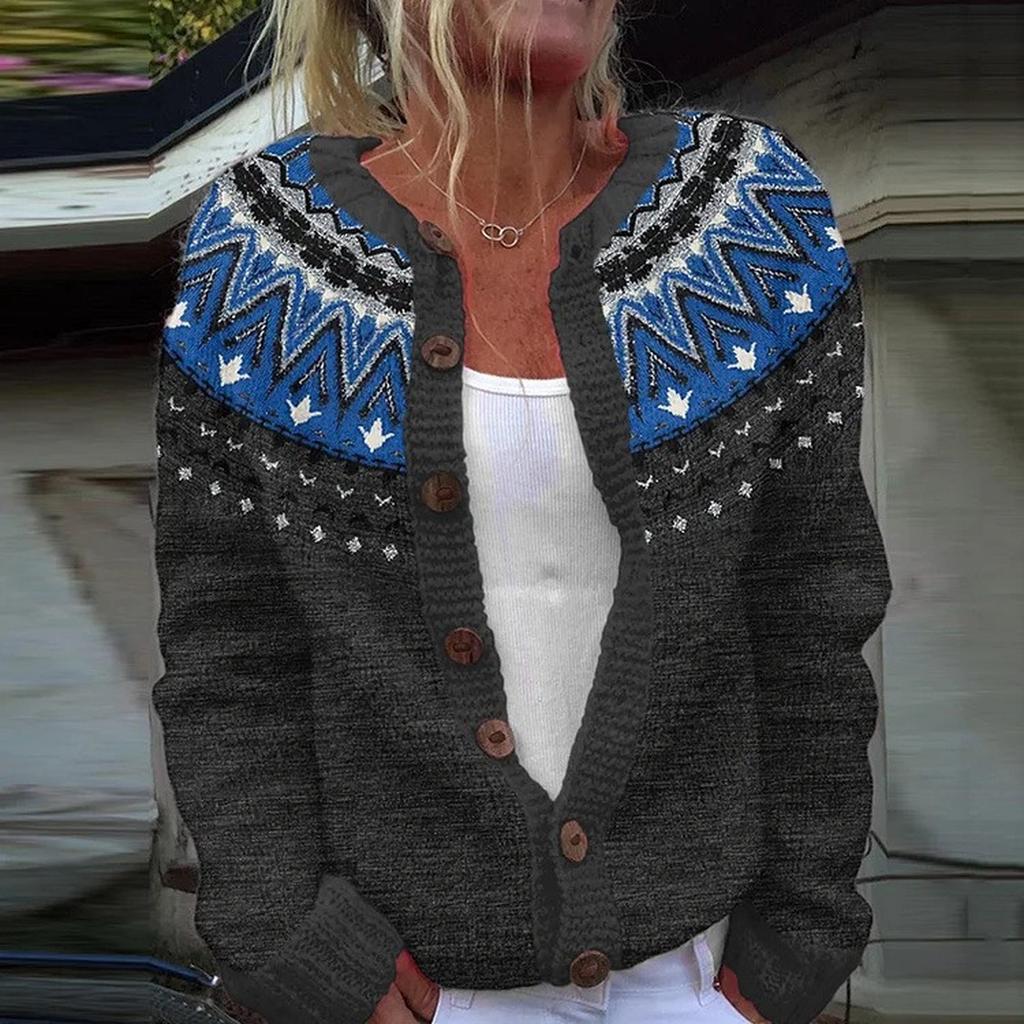 Кардиганы в стиле Fair Isle для женщин, с круглым вырезом, свободного кроя, на пуговицах, объемный свитер, с открытой передней частью, повседневная вязаная куртка на осень