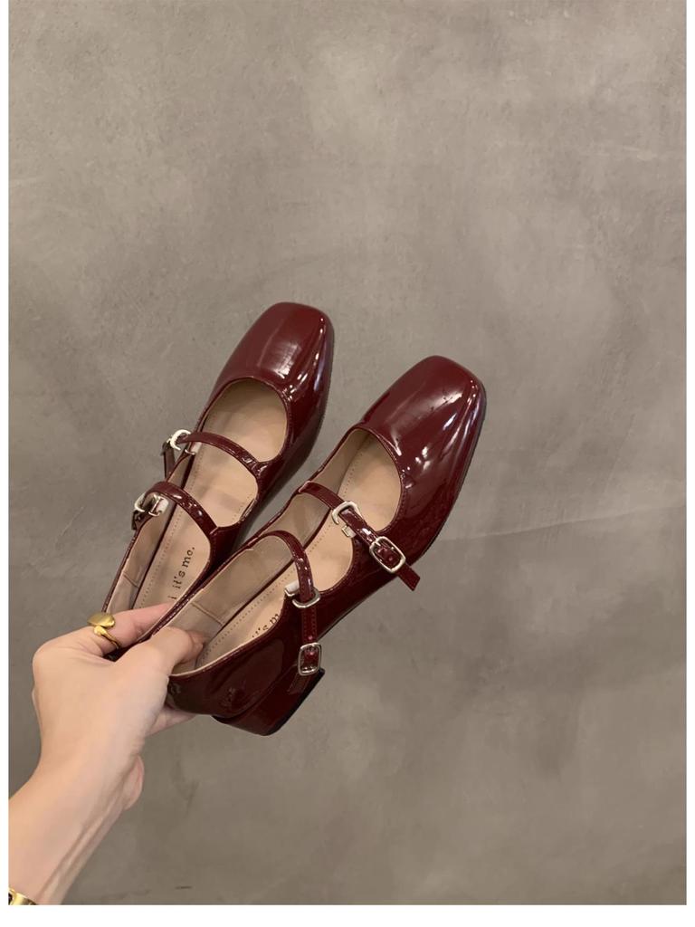 2024 Весна Туфли Мэри Джейн Кожаные с пряжкой на толстом каблуке, с неглубоким вырезом, с круглым носком, женские туфли с низким верхом