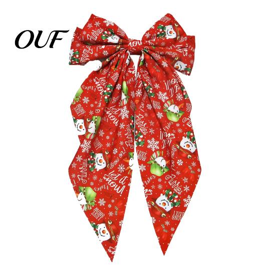 Christmas Party Hair Styling Tools Bows for Women Girls, Snowman Bow Clips, Handmade Red Green Gift Ornaments Bows, Festive Holiday Ribbons with Long