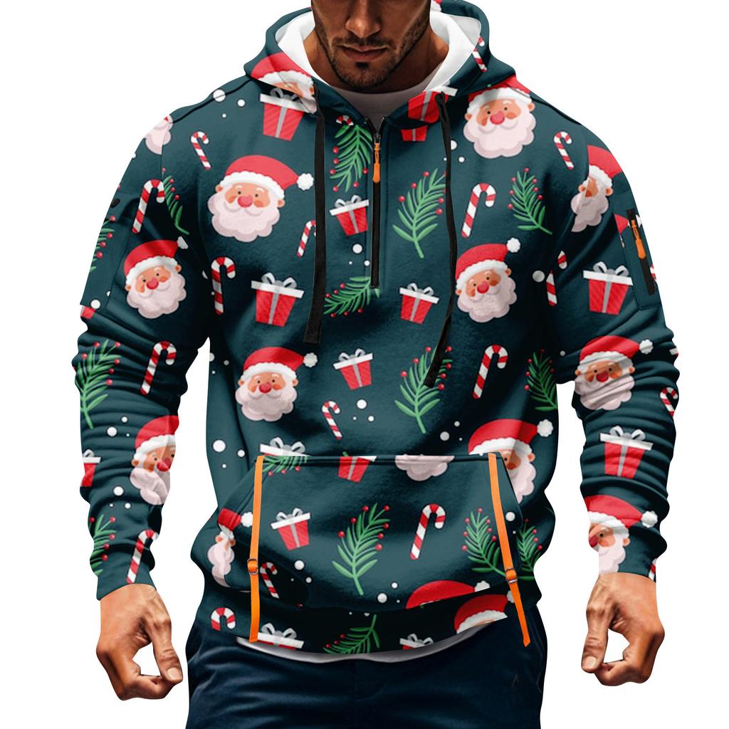 Мужская толстовка с капюшоном на молнии до середины, повседневная спортивная с рождественским принтом