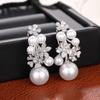 Huitan Aesthetic Women Imitation Pearl Drop Earrings Inlaid Shiny CZ for Wedding Party Flower Design Fashion Versatile Jewelry