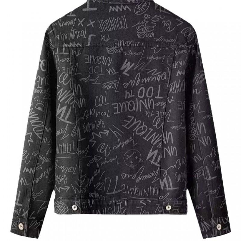 Mens Oversized Denim Jacket Streetwear Casual Loose Fit Printed Hoodless Teens Adults