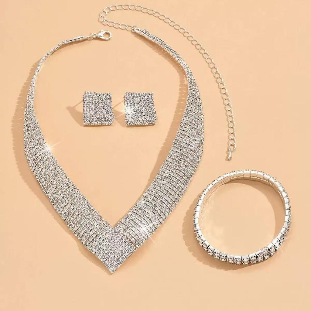 2Pcs Fashionable Rhinestones Necklaces Earrings Jewelry Set Women'S Wedding Accessories Gift