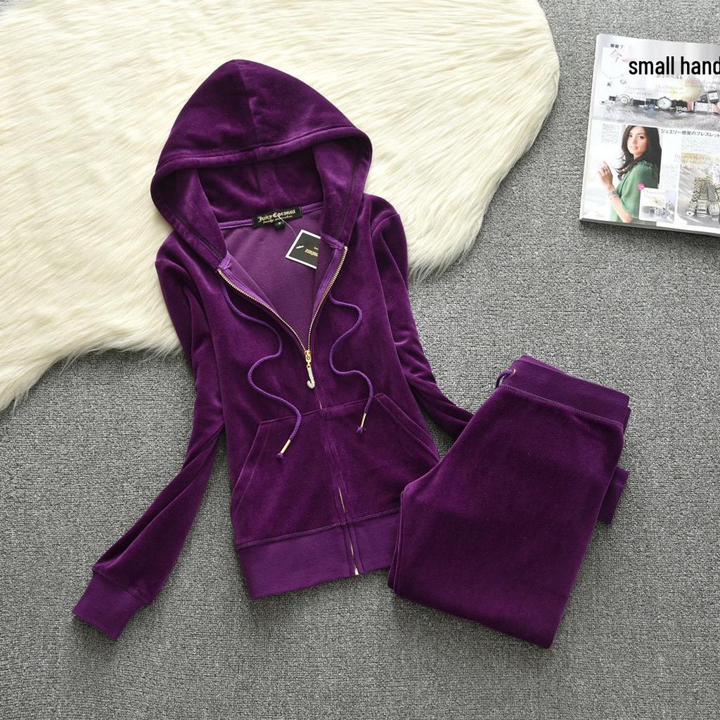 Европейский весенне-осенний спортивный костюм JC Fashion из золотого велюра для женщин с деталями из страз в виде букв